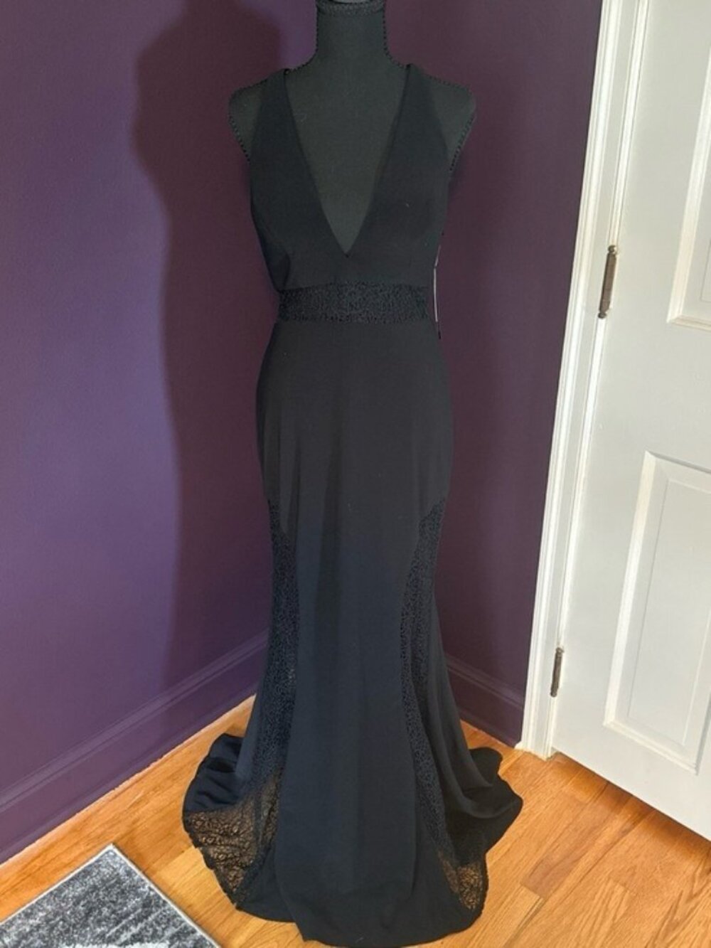 Bloomingdale's Black V-Neck Lace-Panel Maxi Dress